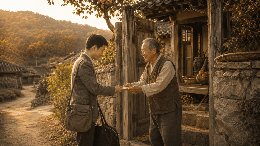 노을빛이 따스하게 비치는 옛 한옥 마을의 대문 앞에서, 비단 한복을 입고 인자하게 웃는 노인(아버지)이 가방을 멘 정장 차림의 젊은이(선생님)에게 흰 봉투를 정중하게 건네고 있다. 열린 대문 뒤로 장독대와 흙벽이 보여 정겨운 시골집 분위기를 자아낸다.