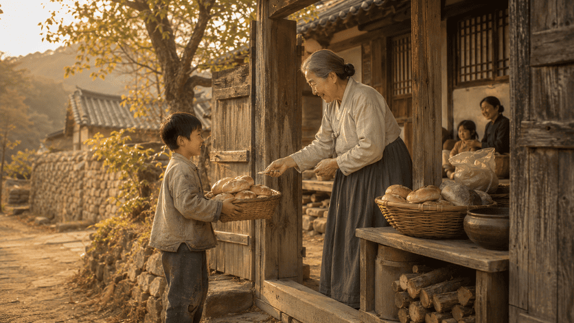 세월의 흔적이 느껴지는 고즈넉한 한옥 대문 앞에서, 비단 한복을 입은 노모가 빵이 가득 담긴 투박한 대나무 바구니를 들고 있는 어린 소년에게서 빵을 건네받으며 인자하게 웃고 있다. 소년의 바구니와 노모 옆 목재 선반 위에는 갓 구운 듯한 투박한 빵들이 가득 담겨 있다.